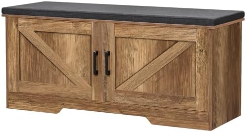 HOMSHO Farmhouse Shoe Storage Bench with 2 Barn Doors & Padded Seat Cushion by HOMSHO