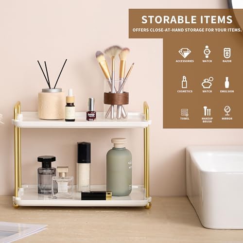 2-Tier Vanity Organizer Trays with Handles and Wheels, Cosmetic Storage Display (Ceramic White) - Image 5