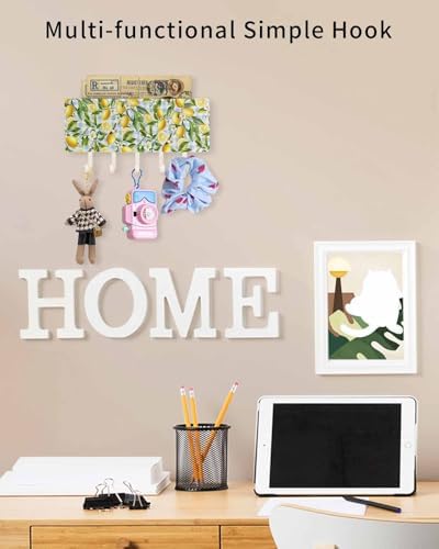 Lemon Key Holder Wall Mount,Country Yellow Fruit Blue Plaid Green Leaf White Hanging Mail Organizer with 5 Key Hooks Wall Decorative,Adhesive Key Rack with Shelf for Hallway Kitchen Entryway Decor - Image 5