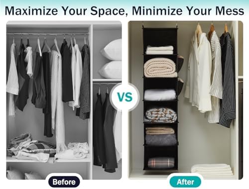 YOUDENOVA Hanging Closet Organizer and Storage, 6-Shelf, 2 Packs, Black | Breathable Fabric, 2 Side Pockets, Clothes Organizer, Hanging Shelves, Closet Storage, College Dorm Room Essentials for Guys - Image 6