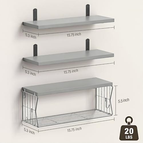 Floating Bathroom Shelves Wall Mounted - Wooden Shelf Set of 3 for Over Toilet Storage & Modern Bathroom Decor - Perfect Wall Shelving Organizer for Apartments RVs Powder Rooms Restroom - Grey - Image 3