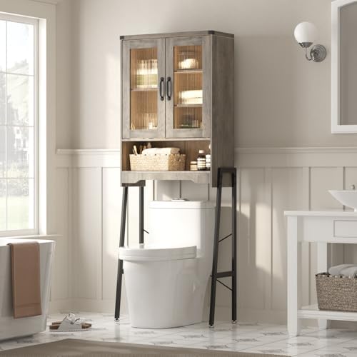Over The Toilet Storage Cabinet with Tempered Glass Doors and Adjustable Shelf, Bathroom Organizer with Metal Stand Space Saver Over Toilet , Modern Toilet Rack for Bathroom, Restroom, Laundry, Grey by FiveWillowise