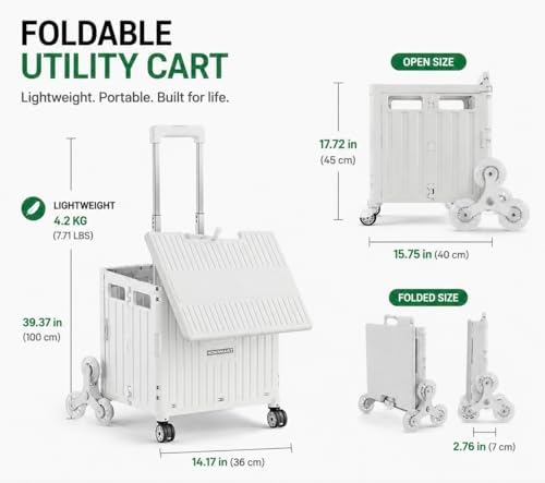 Foldable Utility Cart with Stair Climbing Wheels, Collapsible Rolling Crate with Telescoping Handle, Folding Shopping Trolley Handcart Grocery Book File Tool Teacher Storage Basket (Pink, 8 Wheels) - Image 3