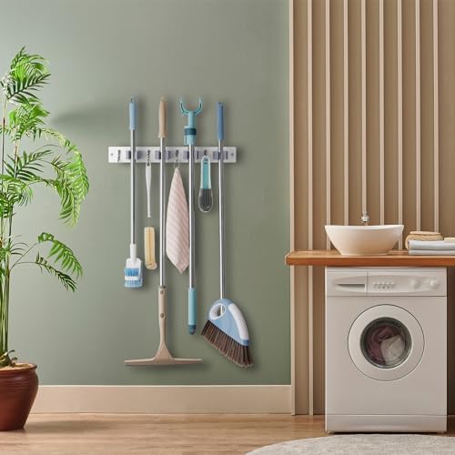 OUTNILI White Mop Broom Holder Wall Mount with 4 Slots & 4 Hooks - Wood Broom Mop Hanger for Pantry Closet Laundry Room Organization - Heavy Duty Garden Tool Organizer - White Kitchen Decor - Image 5