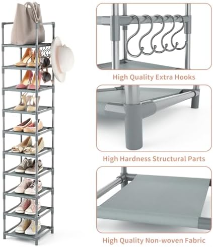 LANTEFUL Narrow Shoe Rack 10-Tier Tall Shoe Organizer Skinny Shoe Shelf Storage for 10-15 Pairs Shoe and Boot, Space Saving Corner Shoe Rack Organizer for Closet, Entryway, Living Room, Grey - Image 4