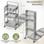 Foldable 3 Tier Rolling Cart, Metal Utility Cart with Wheels - Image 2