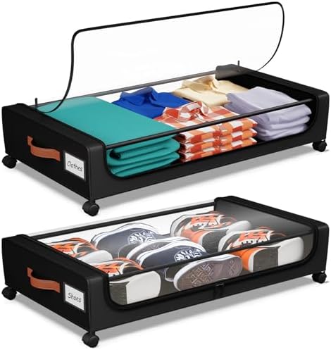 Under Bed Storage with Wheels, UnderBed Storage Containers with Clear Lid and Handles, XXL 60L Under the Bed Storage Bins Drawers for Clothes,Blankets,Shoes,Books (BLACK, 2 PACK) by Futego