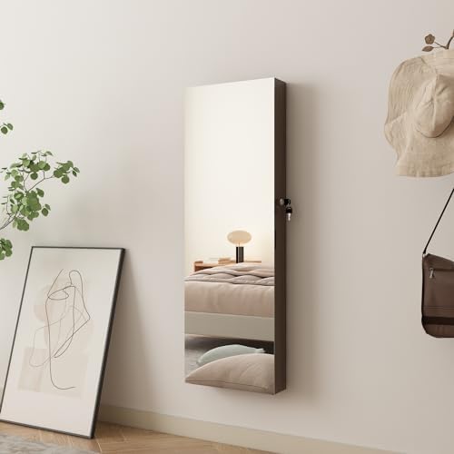 Full Length Mirror Jewelry Cabinet Organizer for Makeup and Jewelry, Lockable Door Wall-Mounted Jewelry Armoire with Shelves and Behind-the-Door Storage Rustic Brown - Image 4