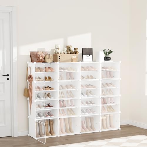 Portable Shoe Rack Organizer with Door, 64 Pairs Shoe Storage Cabinet Easy Assembly, Plastic Adjustable Shoe Storage Organizer Stackable Detachable Free Standing DIY Expandable 8 Tier White - Image 7