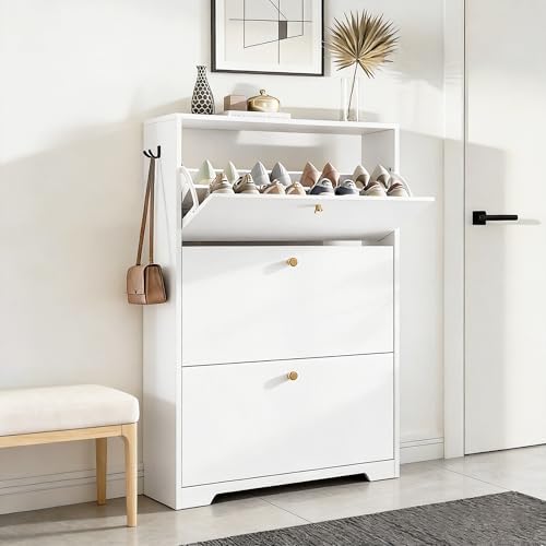 Nicetree Shoe Cabinet with 3 Flip Drawers, Modern Entryway Organizer, White by Nicetree