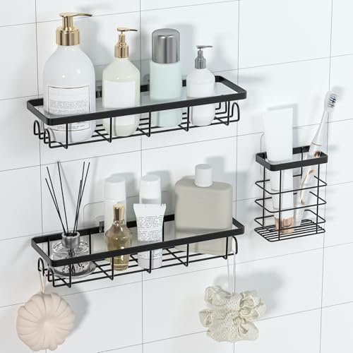 Shower Caddy Organizer with Hooks,Self Adhesive Bathroom Shelves,Shower Shelves,No Drilling Bathroom Organizers and Storage,Perfect for RV, Apartment, Home Decor,3 Pack Black by Unknown