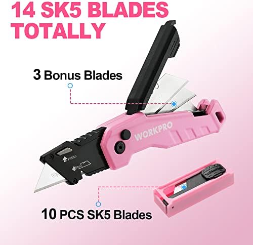 WORKPRO Folding Utility Knife, Quick Change Box Cutter, Pink Ribbon - Image 3