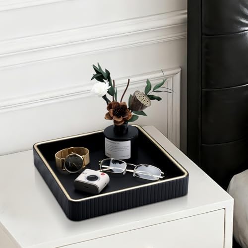 GORESE Leather Valet Tray Nightstand Organizer, Square EDC Trays for Colognes Wallet Sunglasses, Key Dish Catch All Bowl Desk Tray, Gift for Men & Women, Black(9.3'' × 9.3'') - Image 2