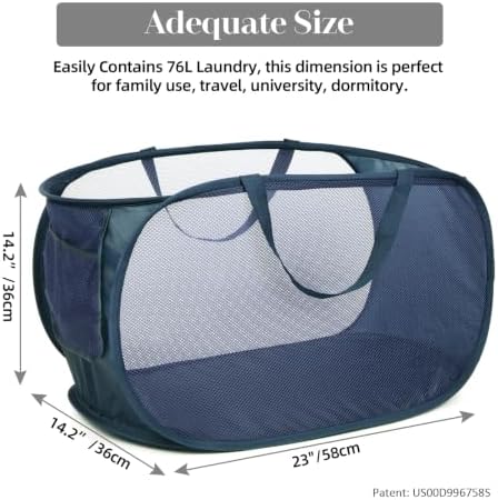Durable Collapsible Laundry Baskets, Mesh Pop Up Laundry Hamper with Side Pocket, Foldable Clothes Storage Hamper with Reinforced Carry Handles for Laundry, Bathroom, Kids Room, Dorm or Travel Navy - Image 3