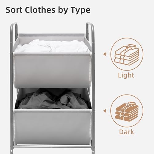 STORAGE MANIAC 80 Liters Vertical Rolling Laundry Hamper, 2 Section Laundry Sorter with Wheels and 2 Breaks, 2-tier Laundry Baskets for Small Space, Dorm, Laundry Room, Closet, Bathroom, Gray 2-tier - Image 5