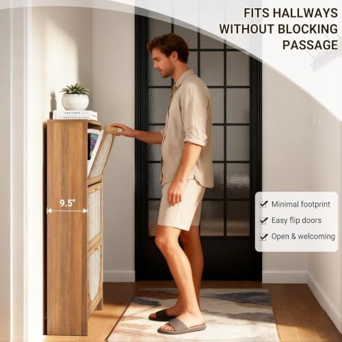 Nicetree Rattan Arched Accent Shoe Storage Cabinet - Freestanding Ultra Slim for Entryway, 3 Flip Drawers & 3-Tier Adjustable Shelves, Farmhouse Modern Rustic Shoe Rack for Hallway, Foyer, Living Room - Image 3