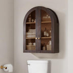 Bathroom Arched Wall Cabinet Over The Toilet Storage Cabinet, 23.5×31.4 Inch bathroom cabinet wall mount with Glass Doors & Adjustable Shelves, Wood Cabinet for Laundry Room, Kitchen, Brown/Natural - Image 2