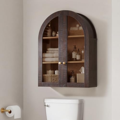 Bathroom Arched Wall Cabinet Over The Toilet Storage Cabinet, 23.5×31.4 Inch bathroom cabinet wall mount with Glass Doors & Adjustable Shelves, Wood Cabinet for Laundry Room, Kitchen, Brown/Natural - Image 2