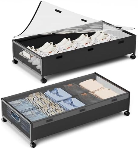 KITHELP Under Bed Storage Containers with Wheels, 2 Pack Underbed Shoe Storage Organizer with Removable Lids, Large Rolling Under Bed Storage Dresser Drawers for Clothes Toys Shoes Blankets by KITHELP