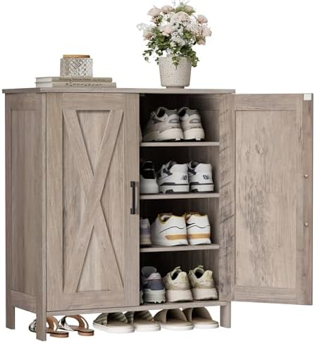 Homleke Farmhouse Shoe Cabinet with 2 Barn Doors & Wood Legs - Image 6