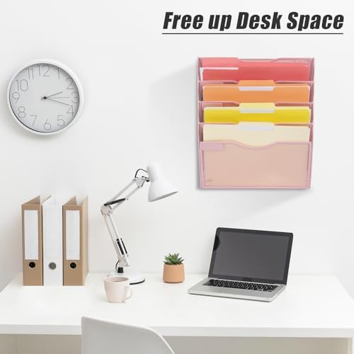 EASEPRES 5 Pocket Mesh Hanging Wall File Organizer, Wall Mounted Mail Paper Document Folder Holder, Clipboard Storage Organization Magazine Rack with Nametag Label for Office Home School, Pink - Image 5