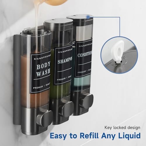Shampoo and Conditioner Dispenser,Unisence Shower Dispenser 2 Chamber No Drill Wall-Mounted Shampoo Dispenser for Shower Wall Mounted Body Wash Dispenser for Bathroom Hotel Large Capacity,Dark Gray - Image 3