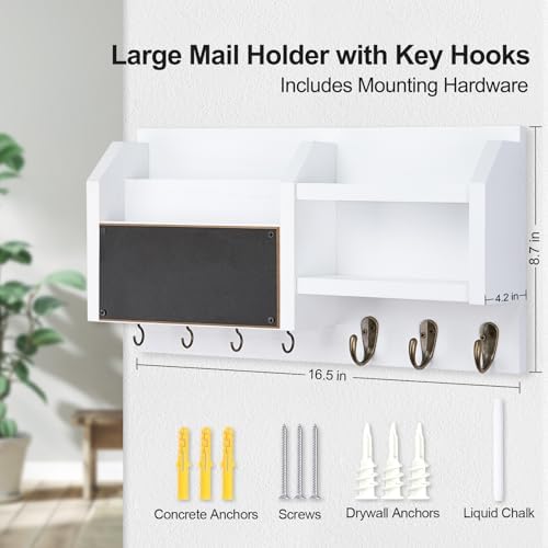 Lwenki Mail and Key Holder – Wall Mount Key Hanger with Shelf and 7 Metal Hooks – Decorative Natural Paulownia Wood Entryway Organizer with Mounting Hardware (16.5”W x 8.7”H x 3.5”D) (White) - Image 6