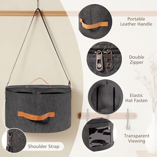HEAVYWOOD Hat Box for Women Storage Travel Felt Hat Case for Wide-Brim Cowboy Hat Storage for Large Round Hat Carrier with Portable Handle Shoulder Strap (Dark Gray, Shoulder Stripe) - Image 5