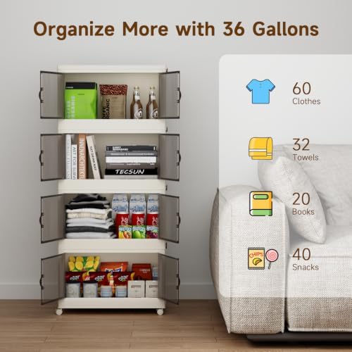 Collapsible Storage Bins with Lids and Front Doors, Heavy-Duty Stackable Plastic Organizers, Folding Utility Storage Boxes for Garage, Office, Pantry and Home (4, White, 9 Gal/Rack) - Image 4