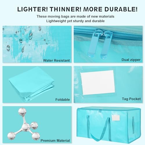 6 Pack-Extra Large Heavy Duty Moving Bags - Waterproof Storage Totes with Handles & Zippers, Foldable for College Dorm, Storage (lake blue) - Image 4