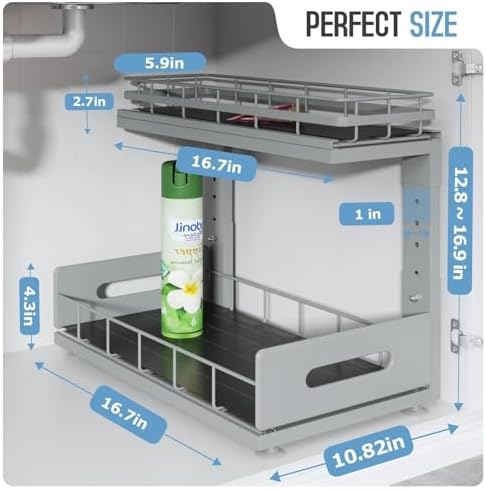 Under Sink Organizer Upgrade To Professional Rails,2-Tier Dual Pull Out Cabinet Storage,Height Adjustable Slide Out Drawers For Bathroom Kitchen,2 Pack-16.7"Dx12.8"-16.9"H,Gun Gray - Image 2