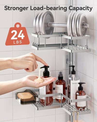 YASONIC Corner Shower Caddy Tension Pole, 25.7-109.1in Adjustable Shower Shelves, Rust-Resistant Shower Organizer, No-Drill 3-Step Installation, Bathroom Shelves for Renters & Family, Silver - Image 6