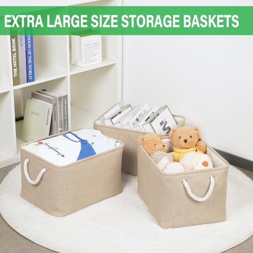 Bidtakay Large Storage Baskets for Shelves 3 Pack Fabric Storage Bins for Organizing Linen Collapsible Organizer for Closet-Flaxen - Image 3