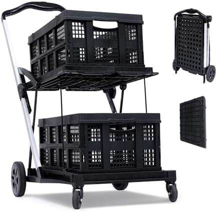 2-Tier Collapsible Office Utility Cart with Wheels – Heavy Duty Folding Mobile Trolley for Multi-Purpose Storage – Black – 2 Cargo Boxes by Unknown