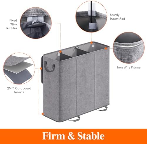 Lifewit Triple Laundry Hamper with Lid, Removable Laundry Bags, Gray - Image 3