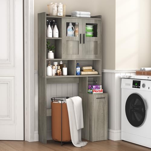 ELYKEN Over The Toilet Storage Cabinet with Pulley & Glass Doors, Grey - Image 4
