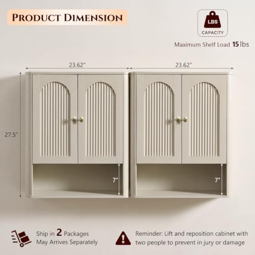 Bathroom Fluted Arched Wall Cabinet Set 2, 23.6''W Medicine Cabinet, Cream - Image 2
