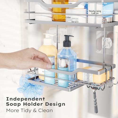 Consumest Over Door Shower Caddy - 2 Tier Shower Shelves Hanging with Soap Holders, Large Capacity Shower Organizer with 4 Hooks, Bathroom Rack and Storage, Silver - Image 7