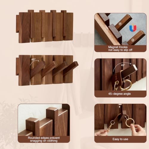QUELLANCE Wooden Coat Hooks Wall Mounted, Coat Rack Hanger Wall Mount with 4 Hooks, Heavy Duty Coat Hooks for Hanging Coats/Keys/Hats/Robe&Towels/Plants/Bags, Home Decor Gift, Walnut - Image 4