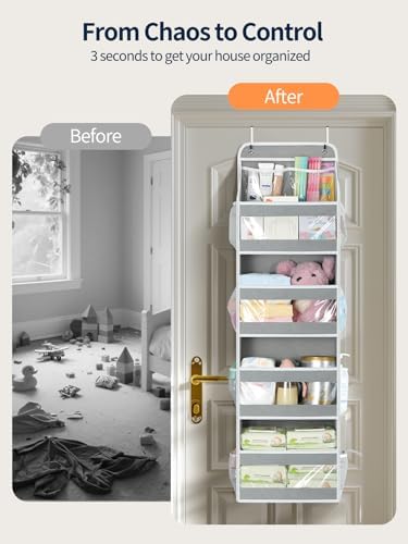 Yecaye 5 Tier Over the Door Organizer, Swing-proof Door Organizer Hanging with Clear PVC Windows, Behind the Door Storage for Bedroom Nursery Closet Laundry Pantry Bathroom, Grey - Image 2