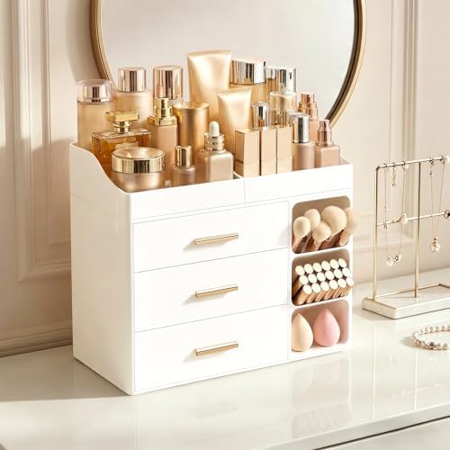 HBlife Makeup Organizer Countertop with Brush Holder,Large Bathroom Counter Organizer with Drawers,Skincare Organizers for Vanity,Plastic Dresser Organizer Storage Gift for Women Girl Mom,All White - Image 5