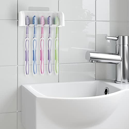 5 Slots Wall Mount Toothbrush Holder with Cover, Self Adhesive Toothbrush Storage Organizer for Shower, Toothbrush Hanger for Bathroom, Medicine Cabinet, Dorm - Image 5