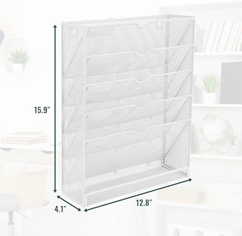 EASEPRES 6 Tier Mesh Hanging Wall File Organizer, Desk Vertical Mail Paper Document Folder Holder Rack with Bottom Tray and Nametag Label for Office Home School, White - Image 2