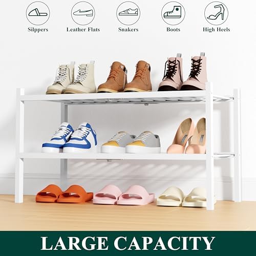 Smiry Bamboo Shoe Rack, 14 Vertical Slats, 2 Tier - 26.8" Wide, White - Image 6