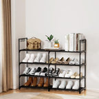 2 Rows 4 Tier Shoe Rack, Black Metal Stackable Shoe Shelf with Multifunctional Hooks, Hold 16-20 Pairs, Space Saving Shoe Organizer for Closet, Bedroom - Image 2
