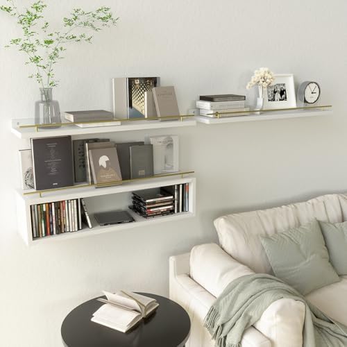 WOPITUES Floating Shelves for Wall 24 inch with Cube Shelf, Wall Shelves with Metal Rail for Decor, Bathroom Organizers and Storage, Over Toilet Shelves for Bathroom, Toilet Paper-White&Gold - Image 5