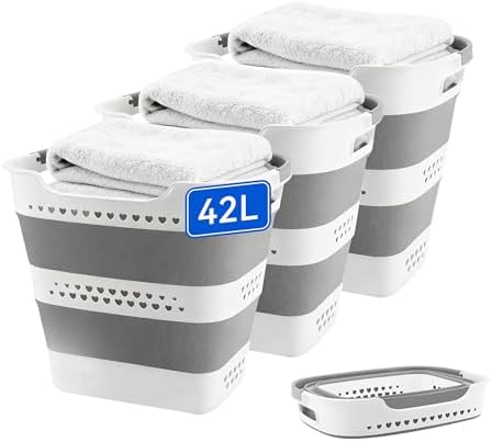 3 Pcs 42L Medium Collapsible Plastic Laundry Basket with Handles, Foldable Laundry Basket Hamper, Pop Up Storage Container Organizer for Washing Storage (Gery, 17 Inch * 13 Inch * 15 Inch) by Unknown