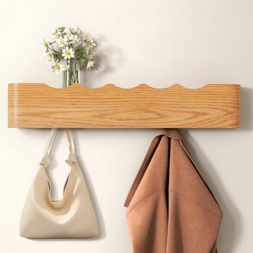 Wall Mounted Coat Rack with Shelf, Wooden Entryway Organizer with Hidden Metal Hooks for Hanging Coats Bags Keys, Modern Floating Shelf for Hallway Bathroom by VERASCOT