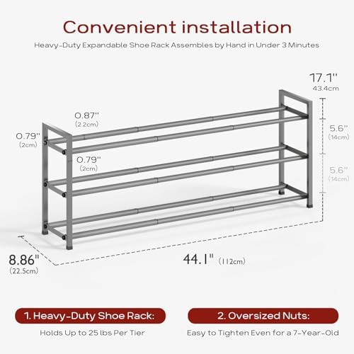 Bumusty 3 Tier Long Expandable Shoe Rack for Closet, Light Grey - Image 3