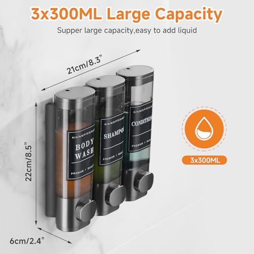 Shampoo and Conditioner Dispenser,Shower Dispenser 3 Chamber No Drill Wall-Mounted Shampoo Dispenser for Shower Wall Mounted Shower Soap Dispenser for Bathroom Hotel Large Capacity，Dark Gray - Image 5